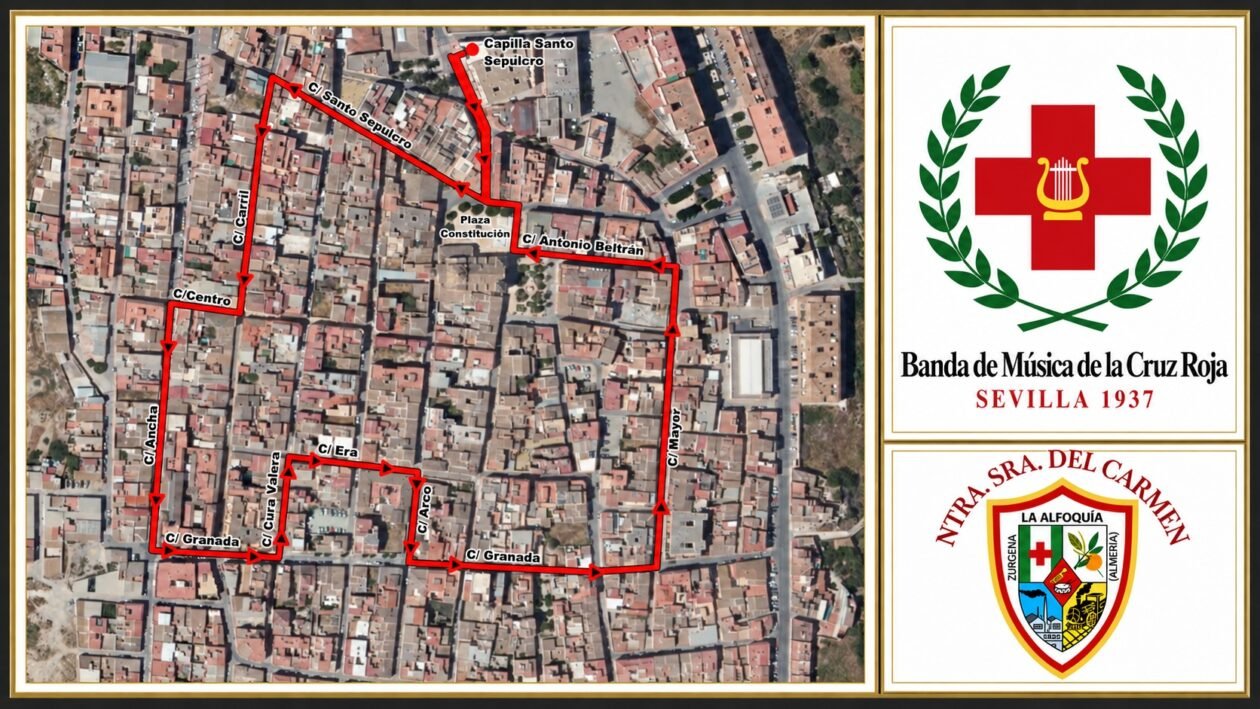 Plano del itinerario de la salida extraordinaria con los logotipos de la Banda de la Cruz Roja de Sevilla y Ntra. Sra. del Carmen de La Alfoquía.