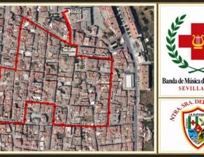 Plano del itinerario de la salida extraordinaria con los logotipos de la Banda de la Cruz Roja de Sevilla y Ntra. Sra. del Carmen de La Alfoquía.