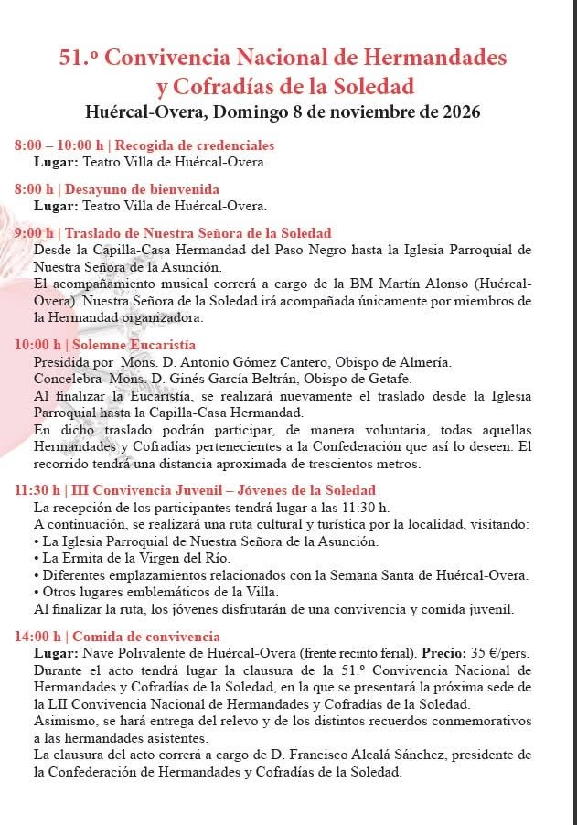 Programa oficial del domingo 8 de noviembre de 2026, LI Convivencia Nacional de Hermandades de la Soledad