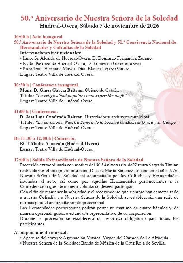 Programa oficial del sábado 7 de noviembre de 2026, L aniversario de Nuestra Señora de la Soledad